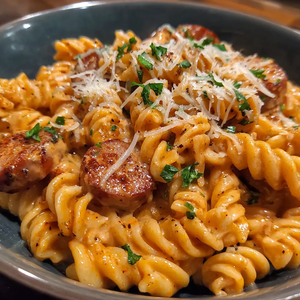 A bowl of pasta with sausage and cheese.