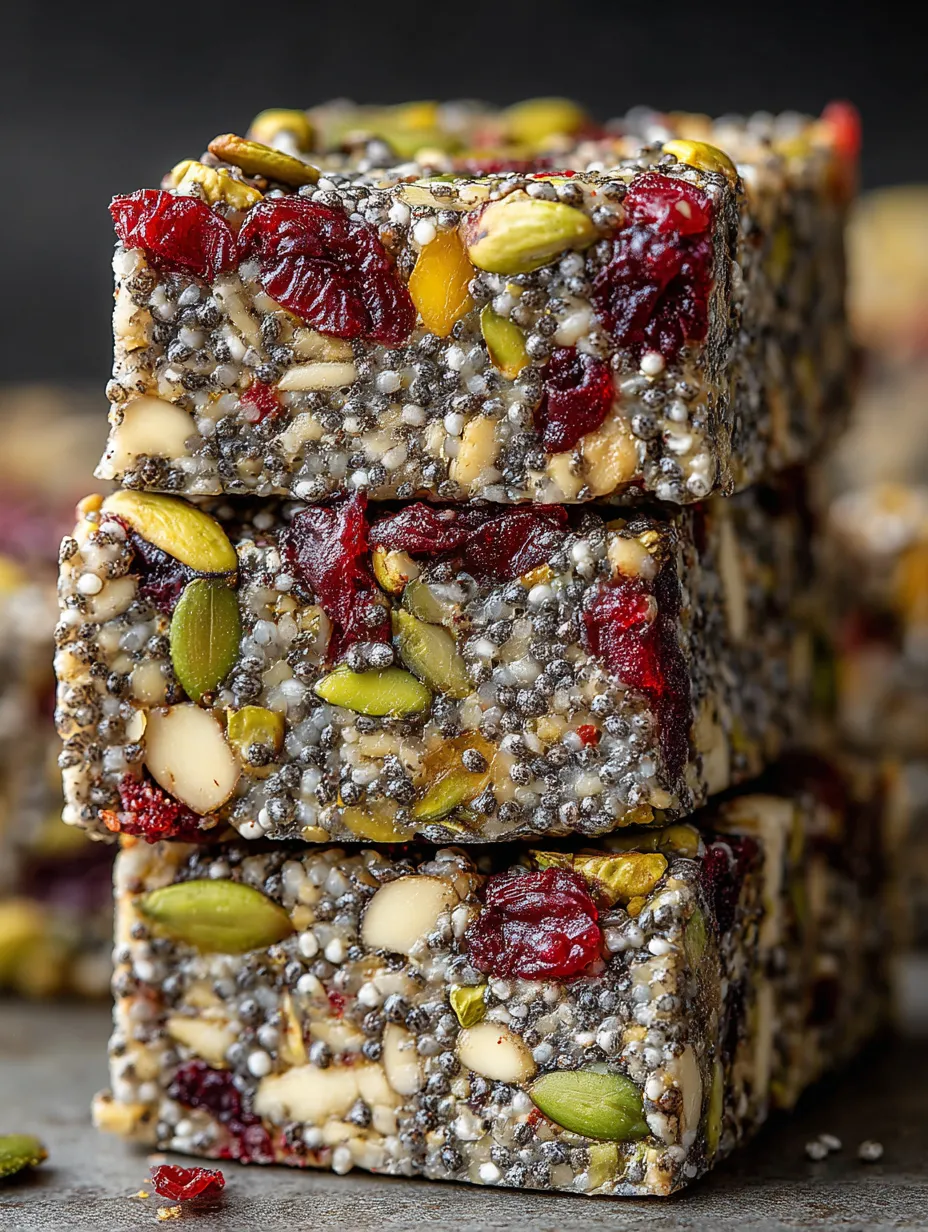 A stack of pistachio cranberry chia bars.