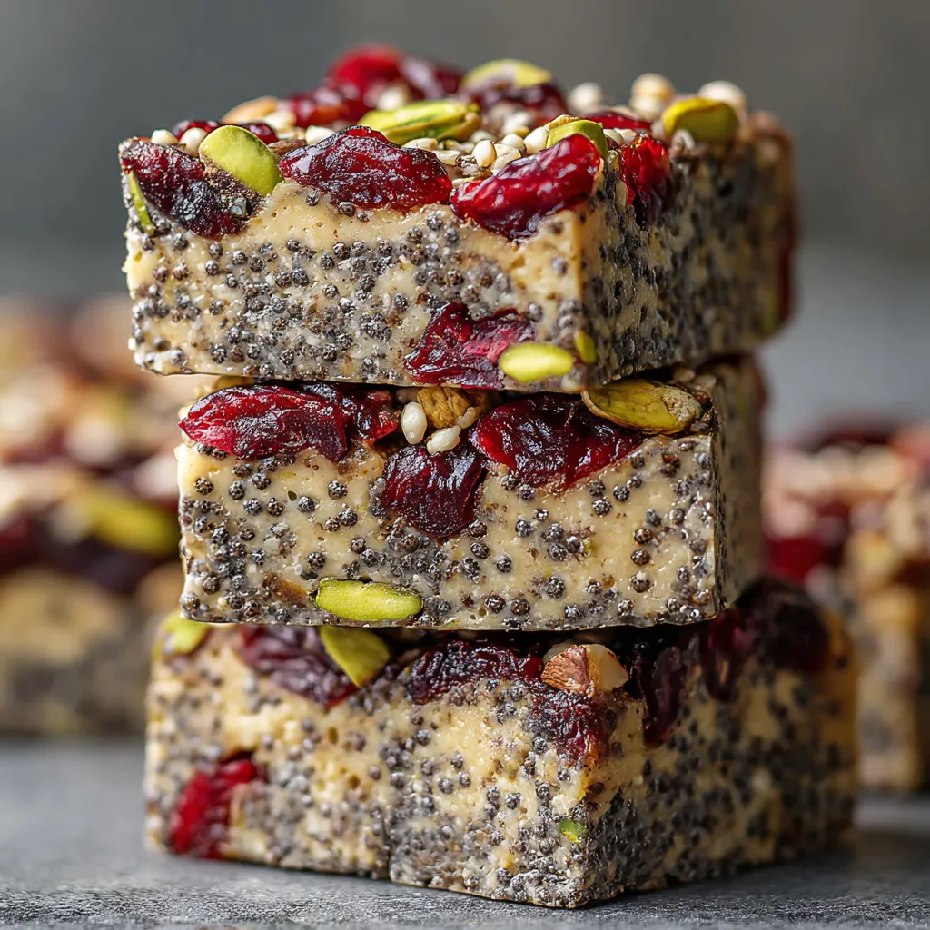 Three stacked bars of pistachio cranberry chia.