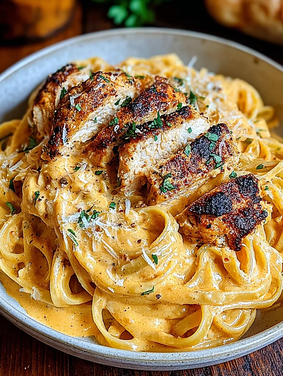 A bowl of creamy one pot cajun chicken linguine with garlic parmesan sauce.