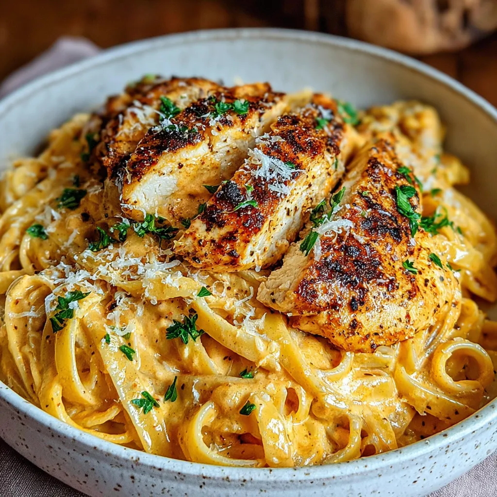 A bowl of creamy one pot cajun chicken linguine with garlic parmesan sauce.