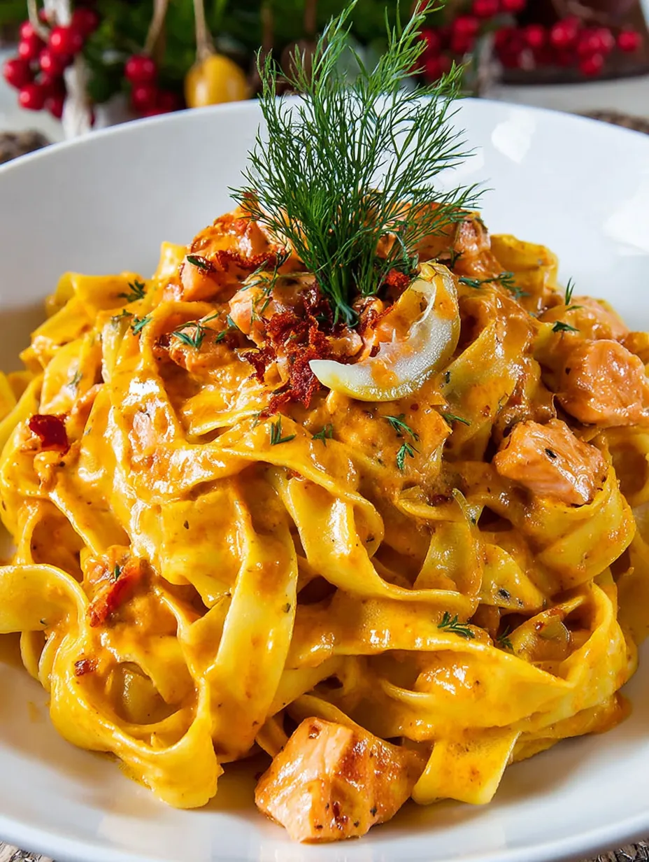 A plate of food with a creamy garlic butter salmon fettuccine.