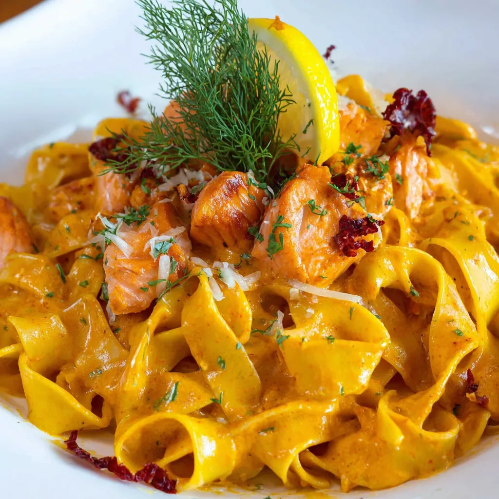 A plate of food with salmon, fettuccine, and garlic butter.