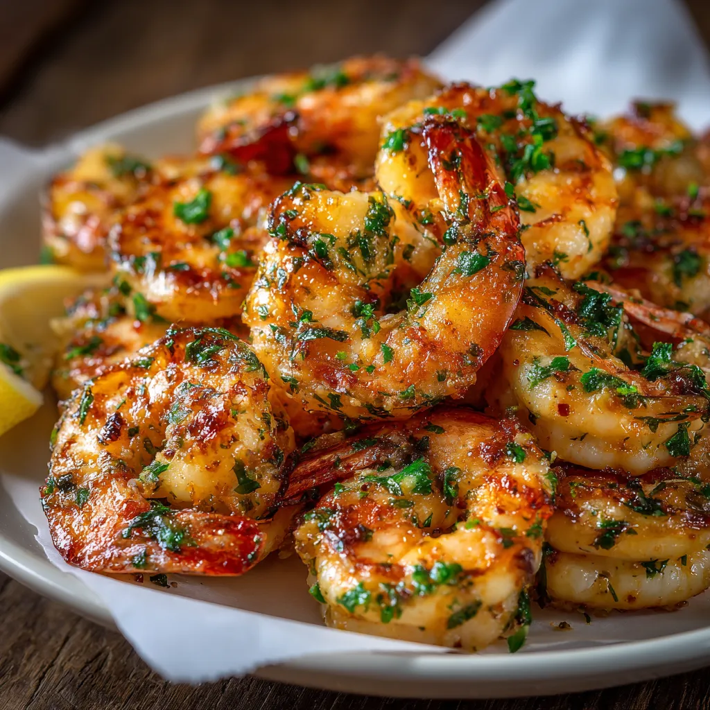 A plate of shrimp with garlic and parmesan.