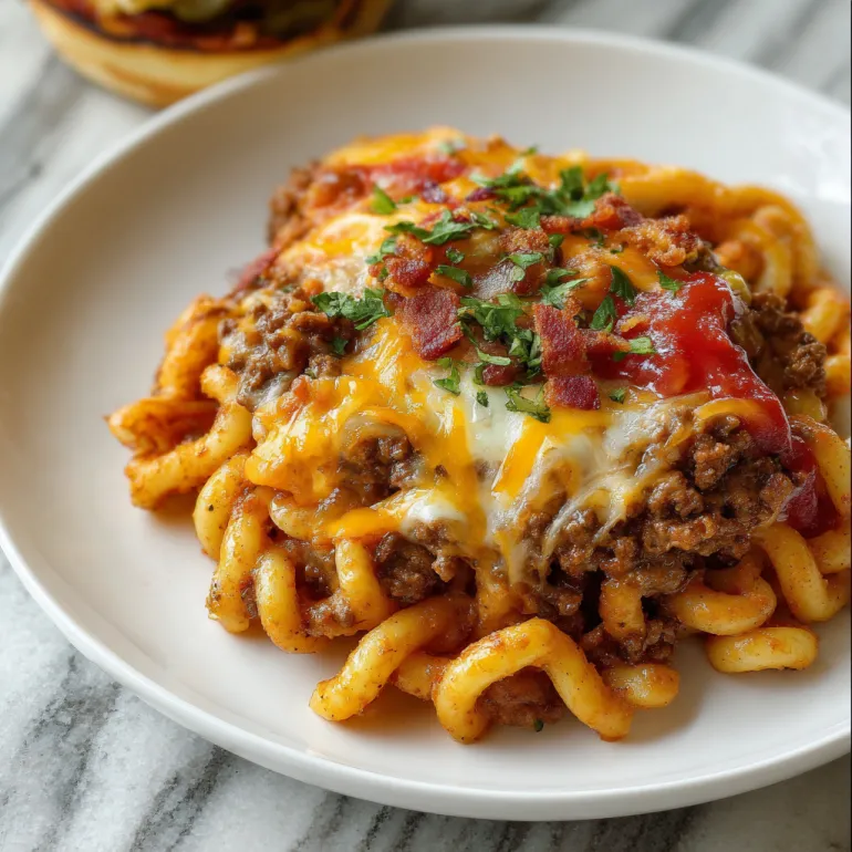A plate of pasta with a cheeseburger on top.