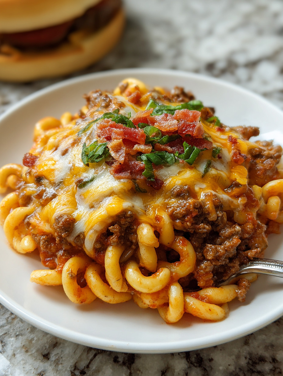 A plate of pasta with a cheeseburger on top.