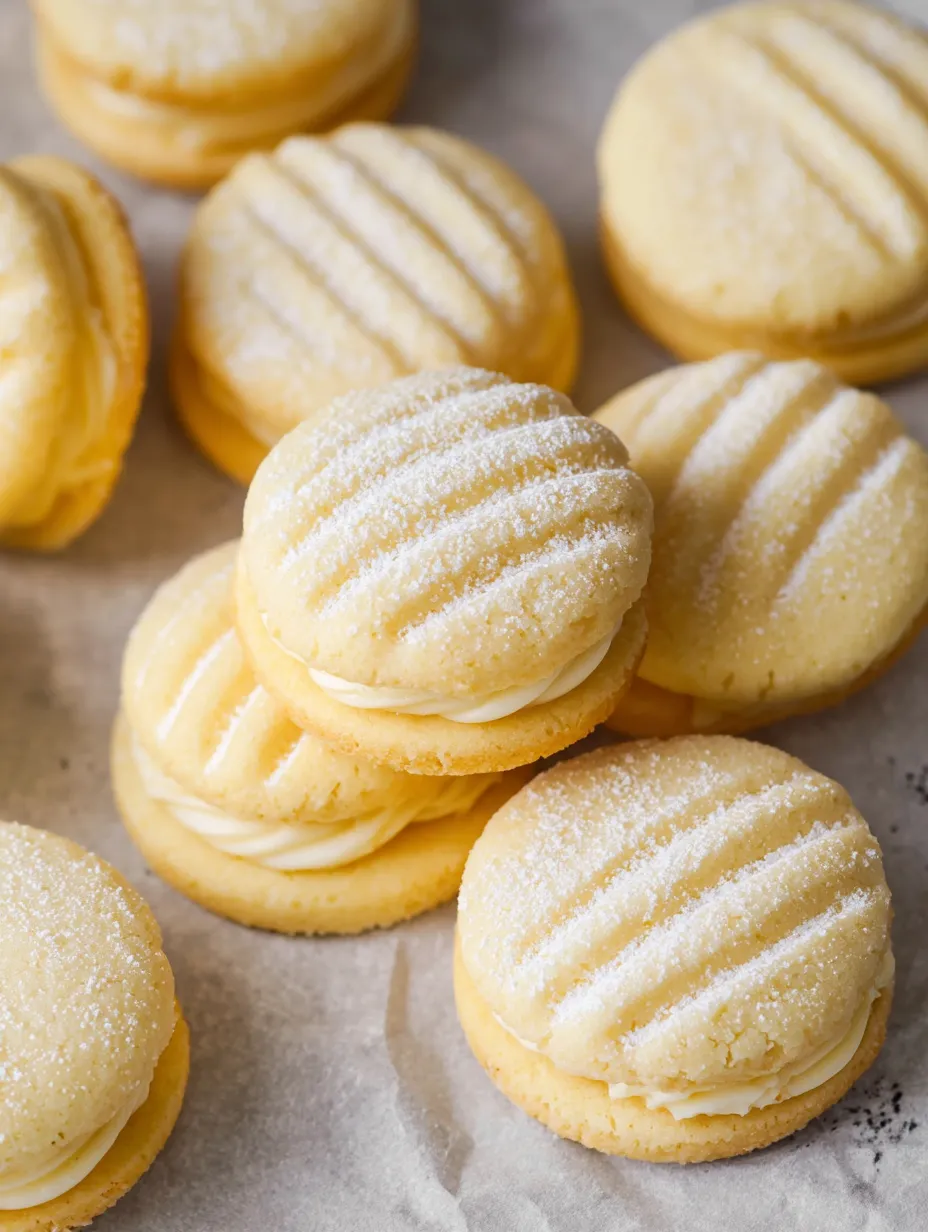 A stack of white cookies with powdered sugar on top.