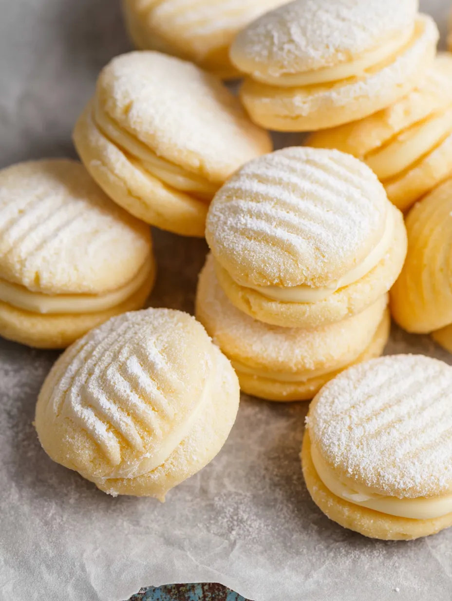A stack of white cookies with powdered sugar on top.
