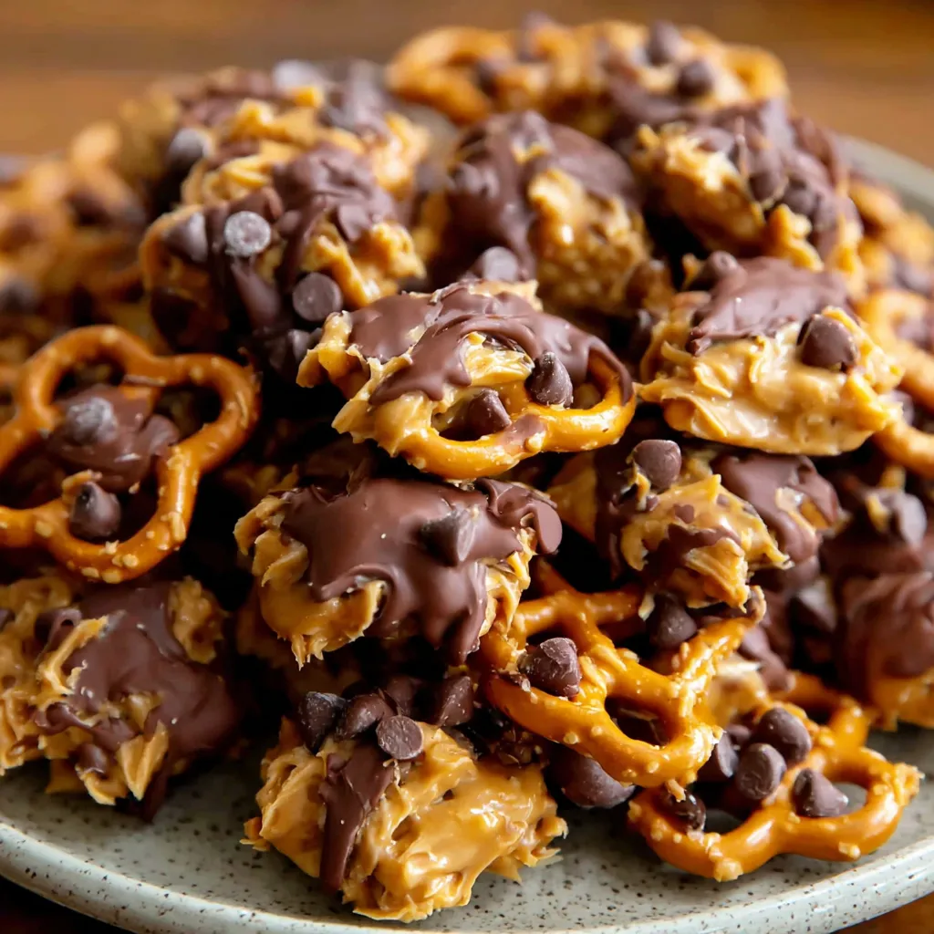A plate of no-bake peanut butter pretzel clusters.