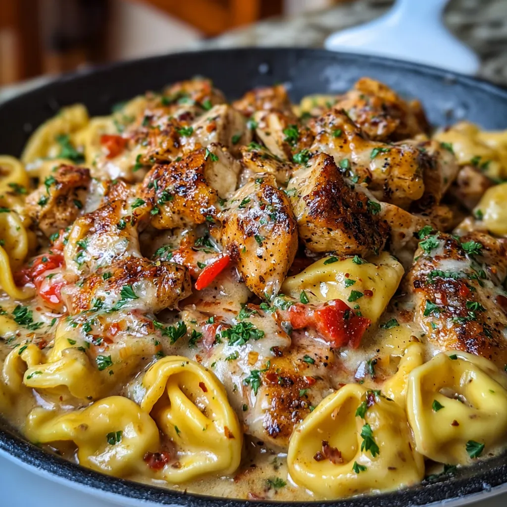 A dish of chicken and pasta with a cheese sauce.