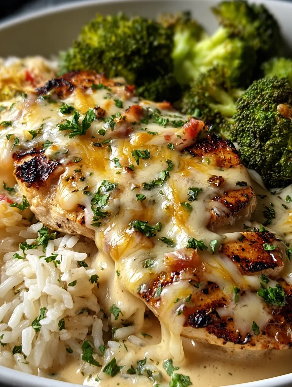 A delicious meal of creamy garlic chicken, roasted broccoli, and buttered rice.