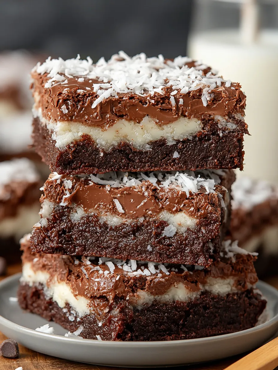 Three layers of chocolate brownies with coconut on top.