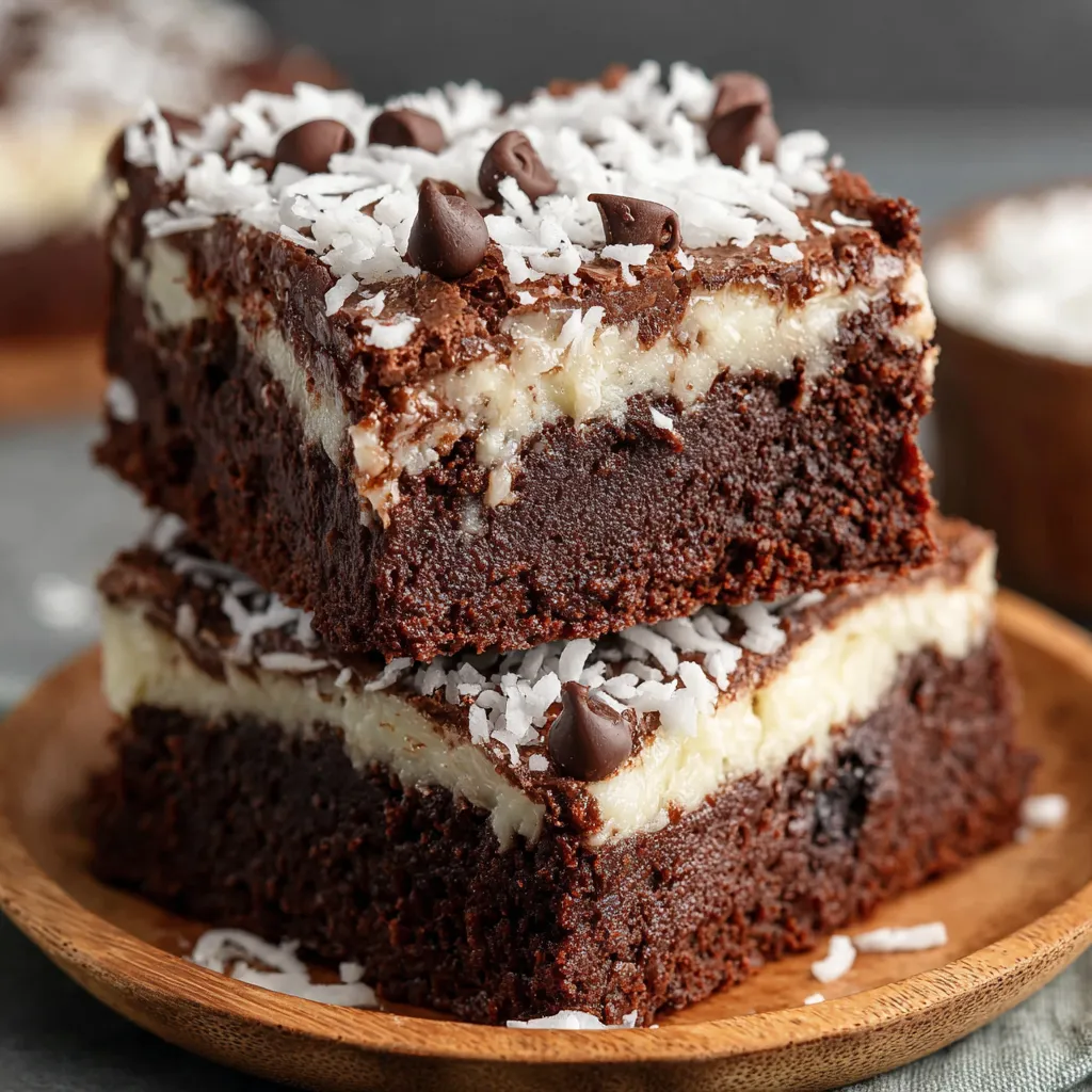 Three pieces of coconut brownies on a wooden plate.