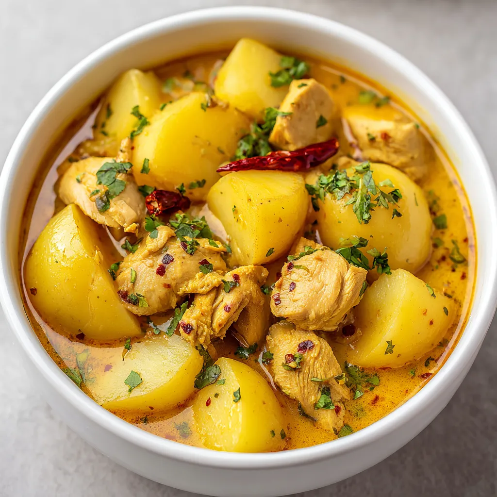 A bowl of chicken and potatoes in a coconut curry stew.