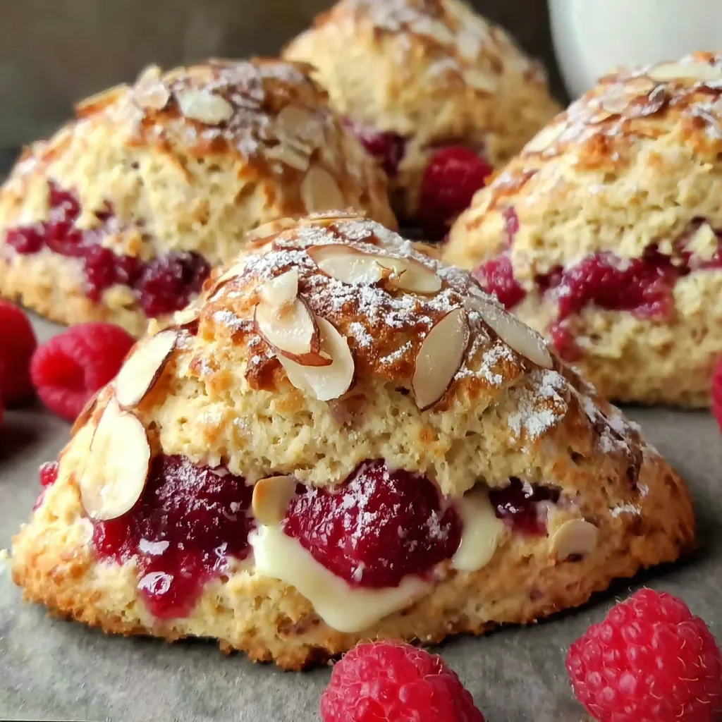 A close up of a raspberry almond scone.