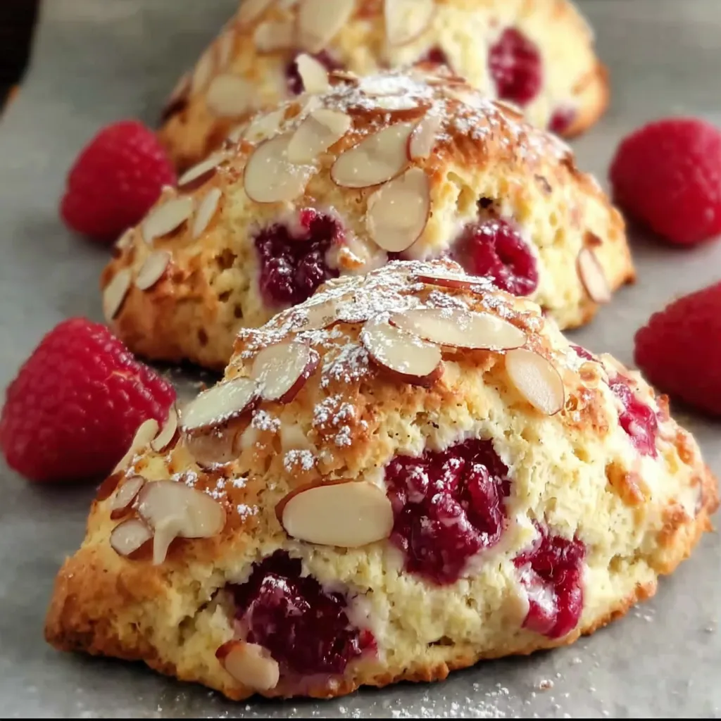 A close up of a raspberry almond scone.