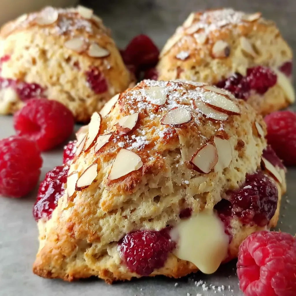 A close up of a raspberry almond scone.