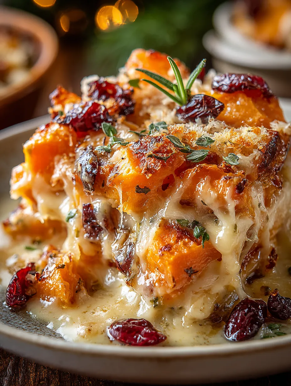 A delicious sweet potato and cranberry gratin.