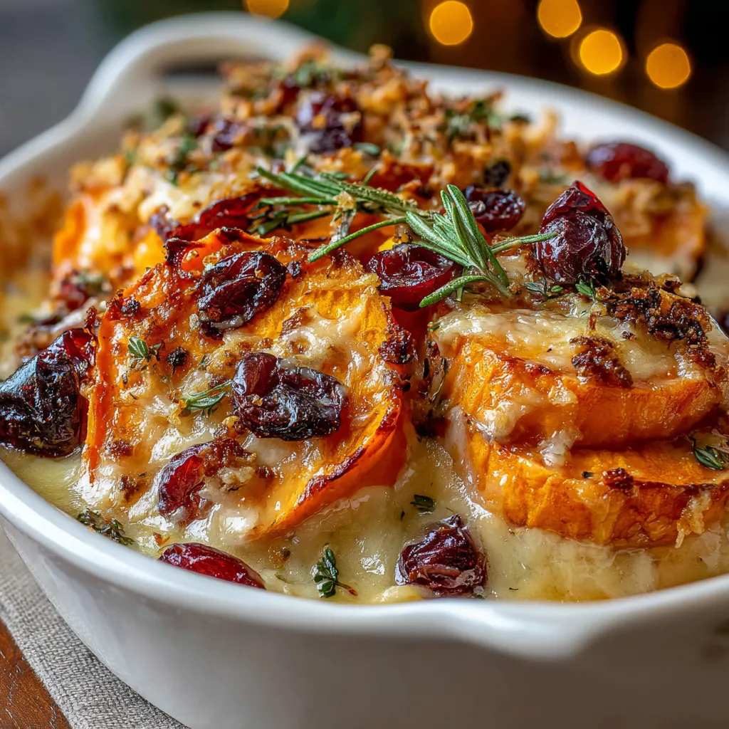 A white bowl filled with a sweet potato and cranberry gratin.