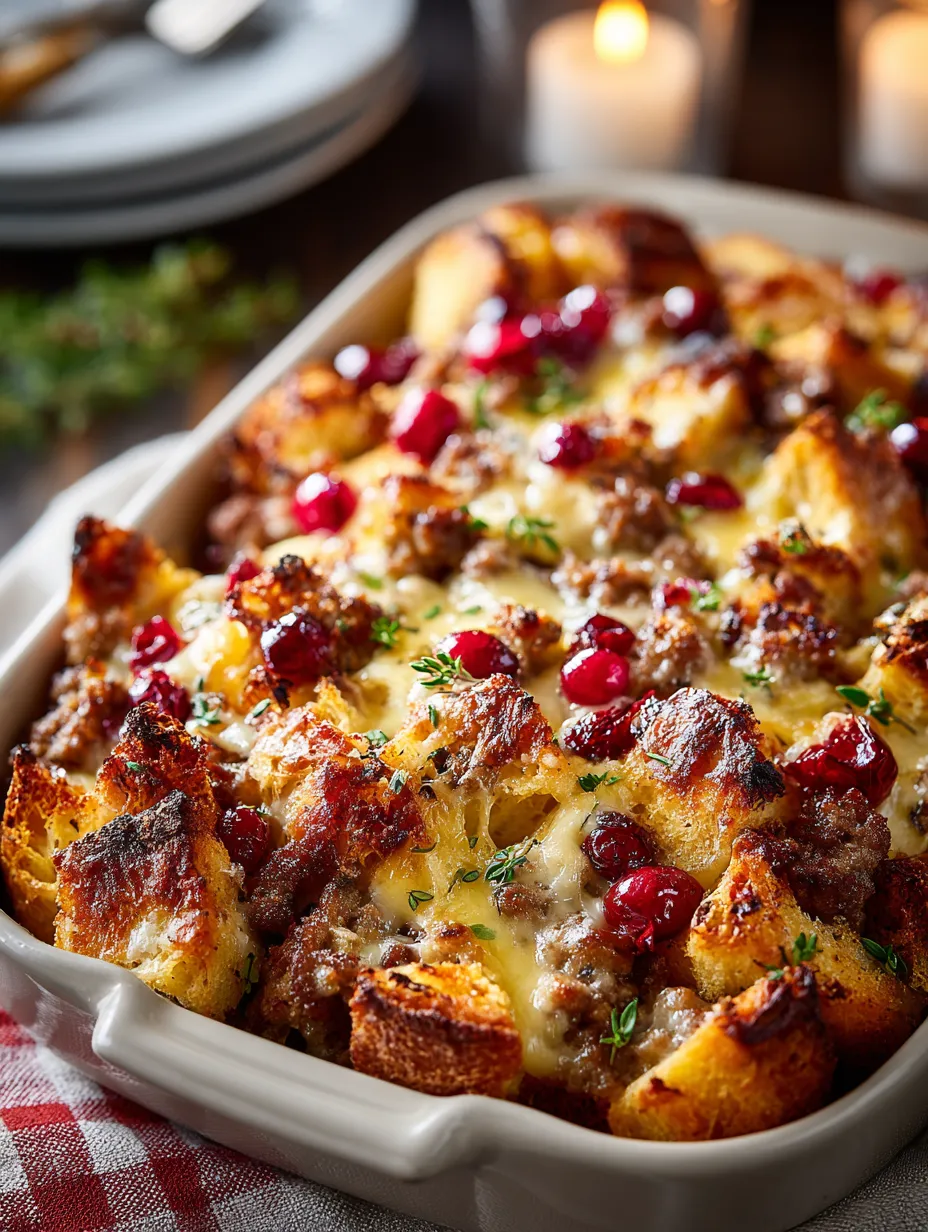 A casserole with sausage, stuffing, and cranberries.