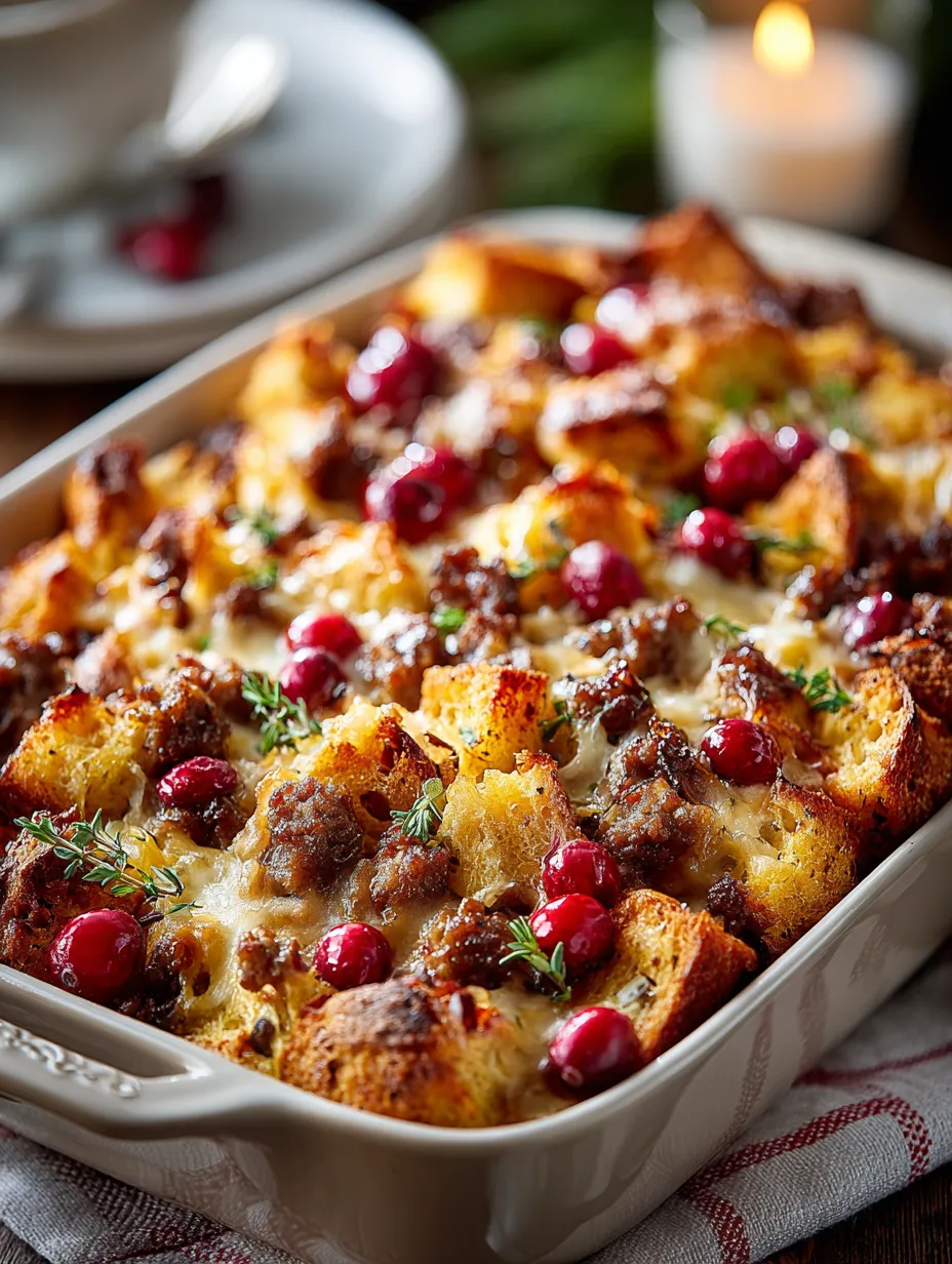 A delicious cranberry sausage and stuffing breakfast casserole.
