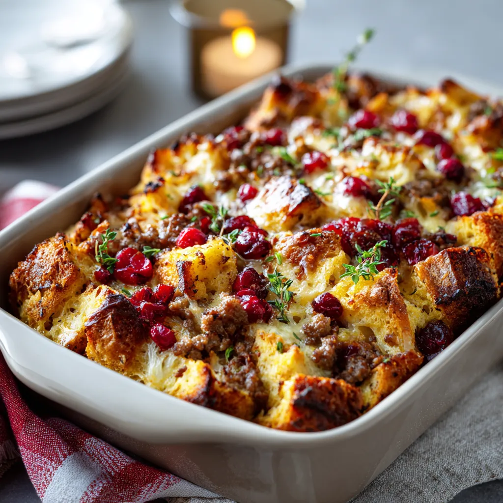 A casserole dish filled with sausage, cranberries, and stuffing.