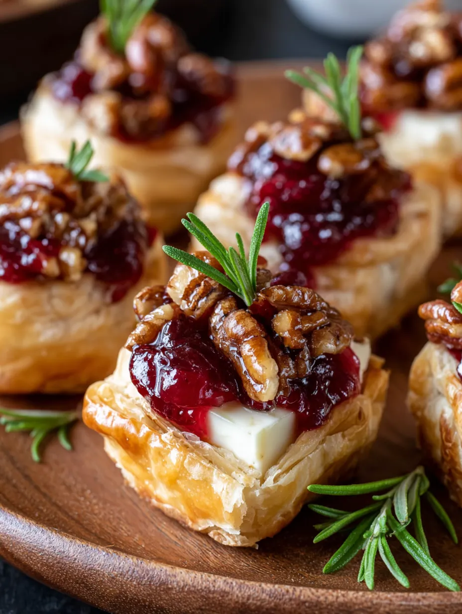 Baked cranberry brie bites on a wooden platter.