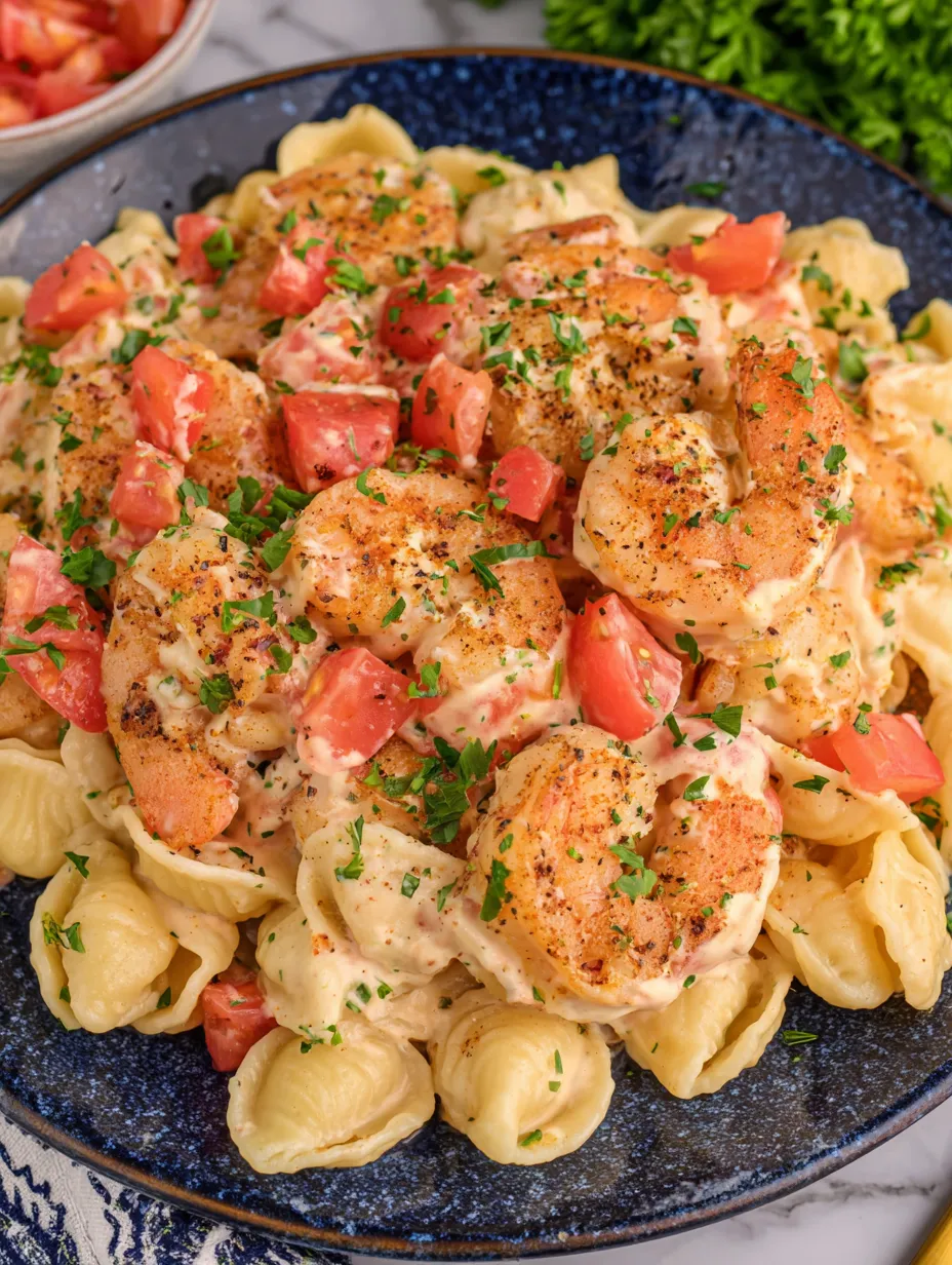 A plate of shrimp and pasta with a creamy sauce.