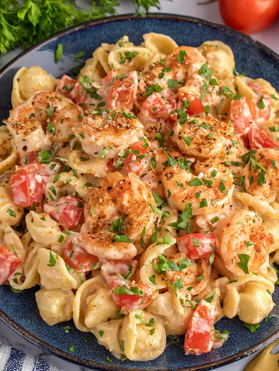 A plate of shrimp pasta with tomatoes and herbs.