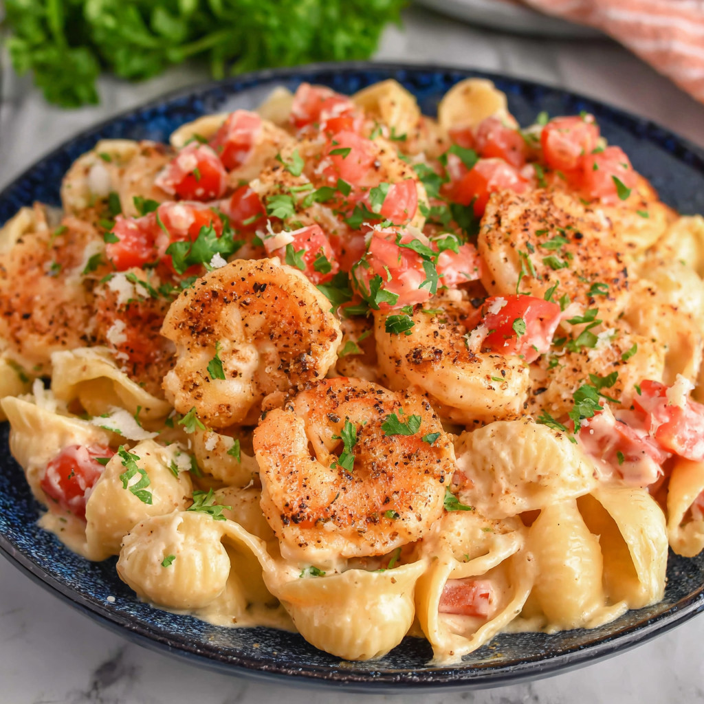 A plate of food with shrimp and tomatoes.