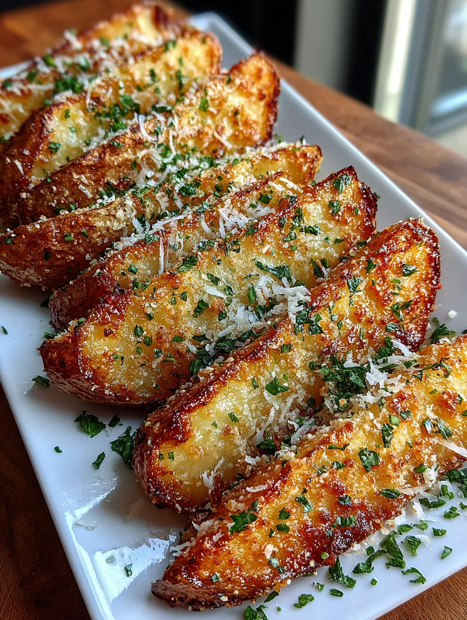 Baked garlic parmesan potato wedges on a white plate.