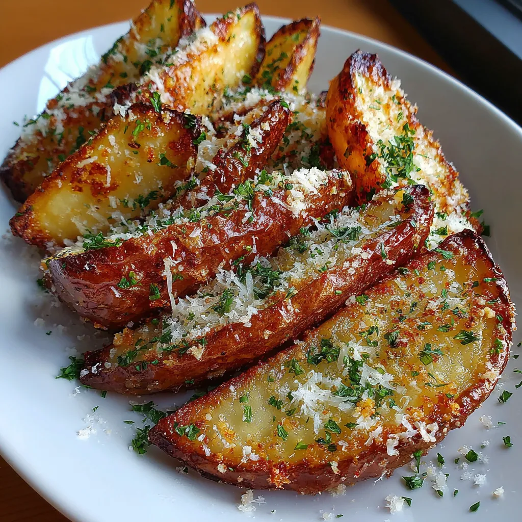 Baked garlic parmesan potato wedges on a white plate.