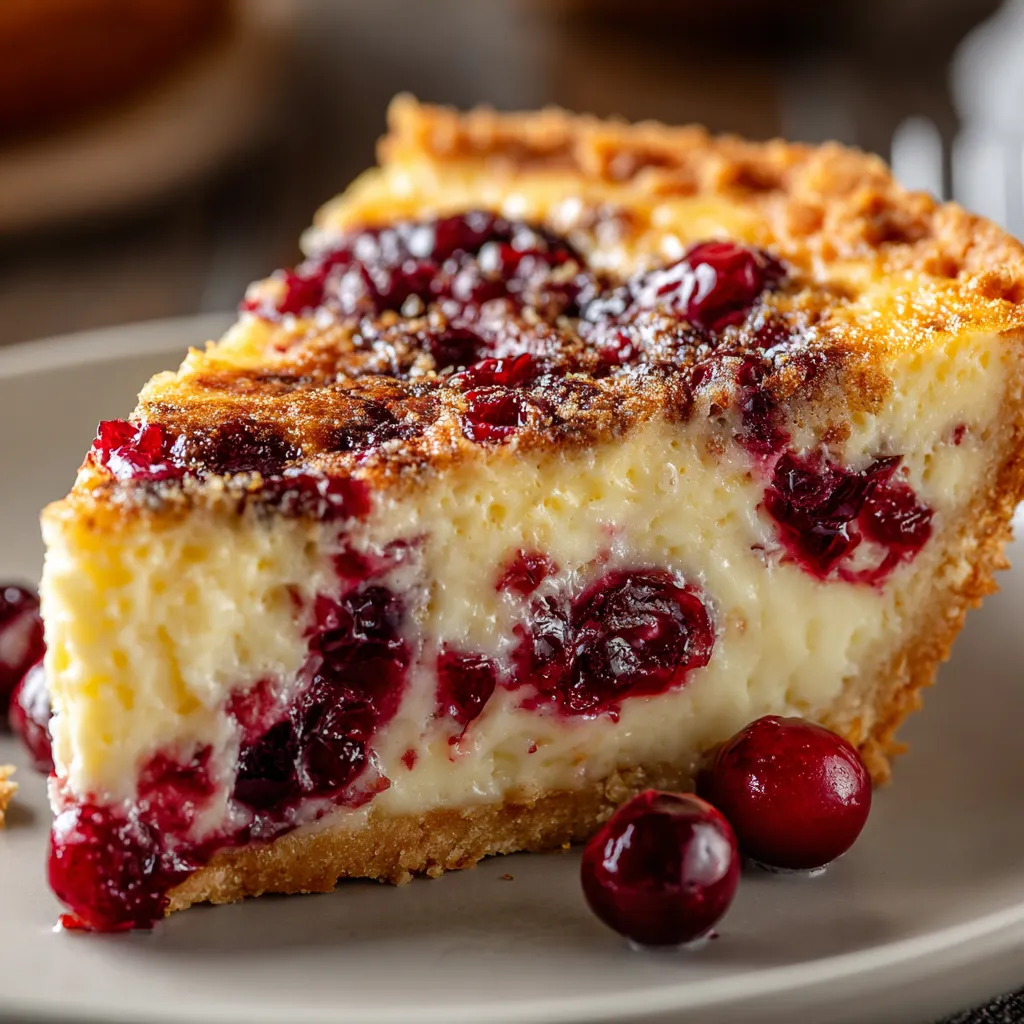 A slice of cranberry custard pie on a plate.