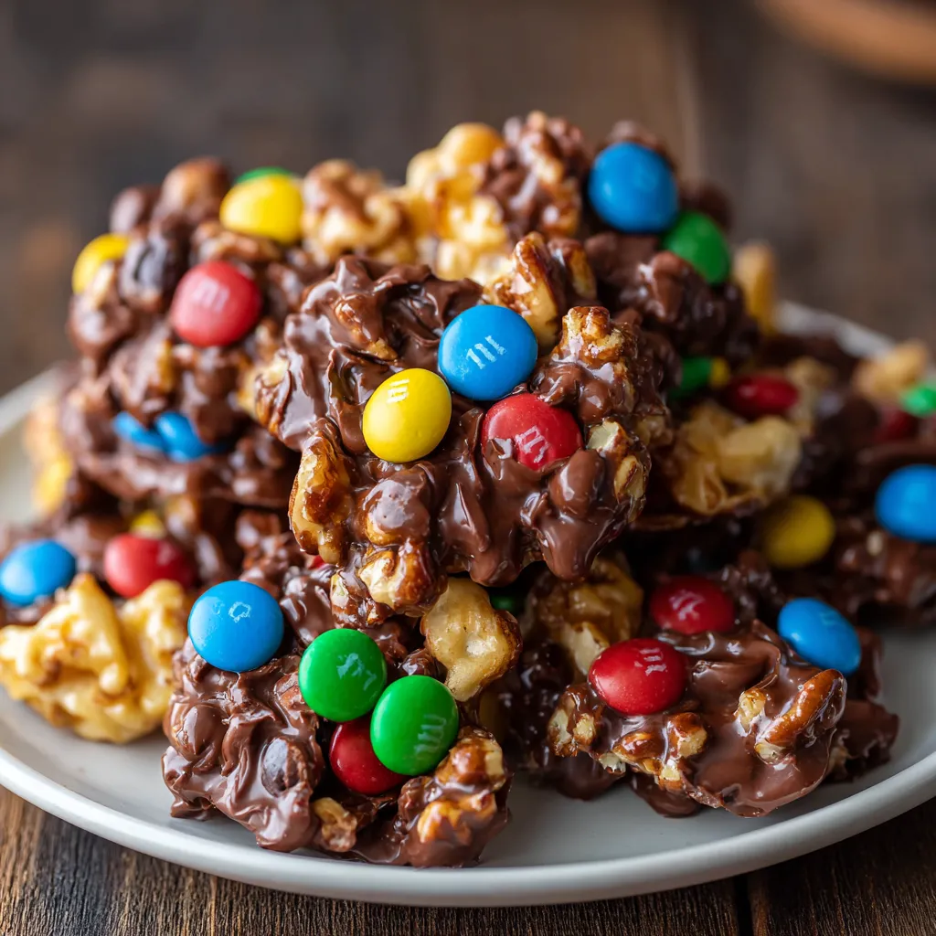 A plate of M&M chocolate candy clusters.
