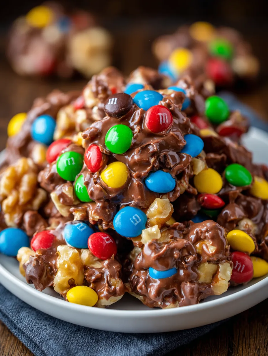 A plate of M&amp;M chocolate candy clusters.