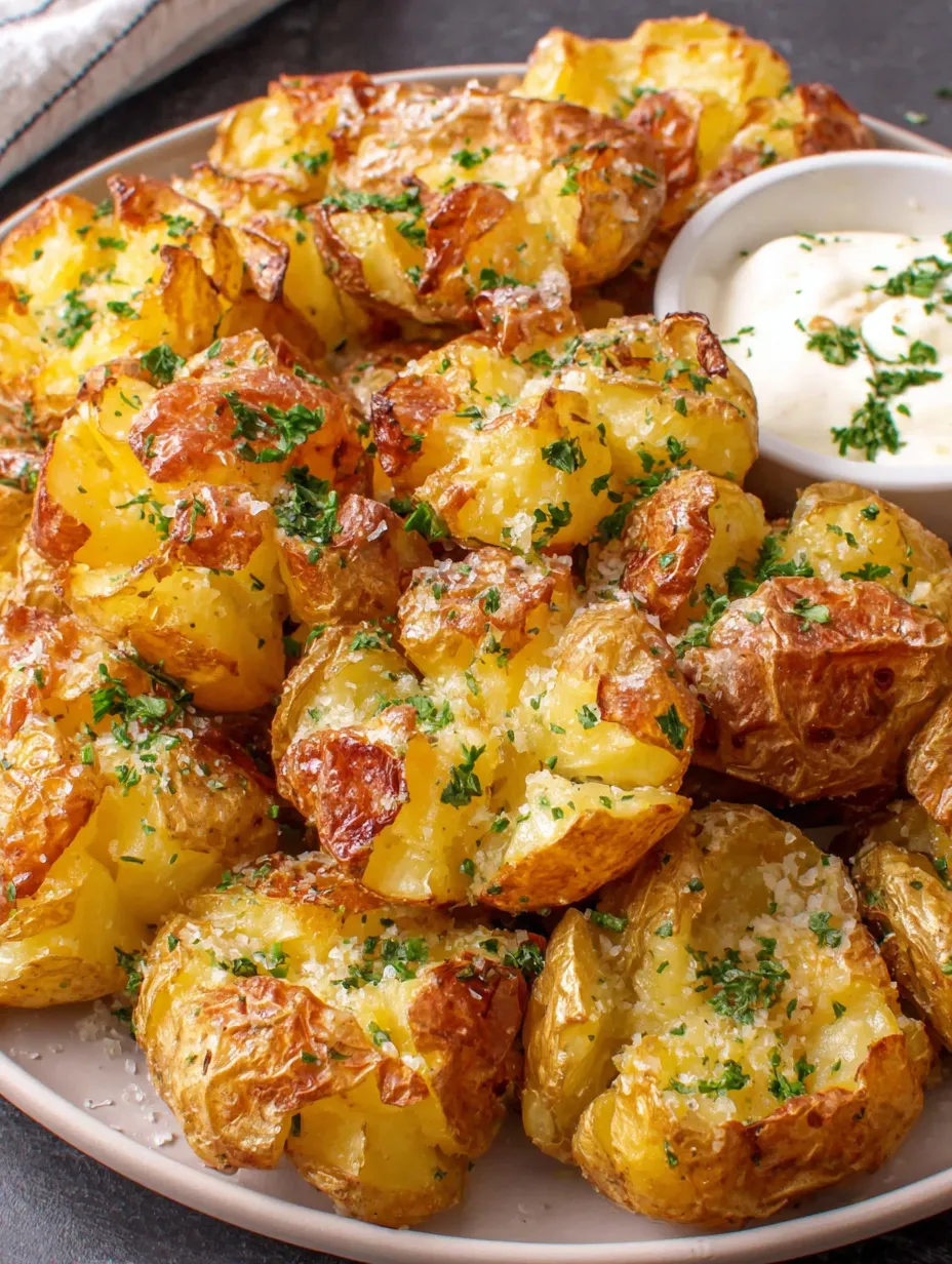 Crispy smashed potatoes with a side of dipping sauce.