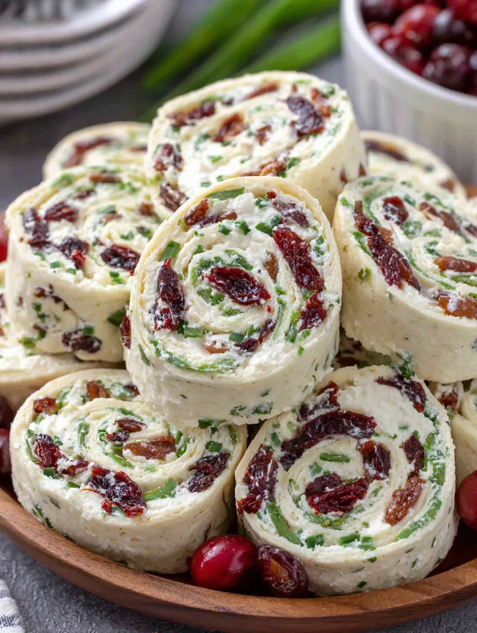 A stack of cranberry and feta pinwheels.