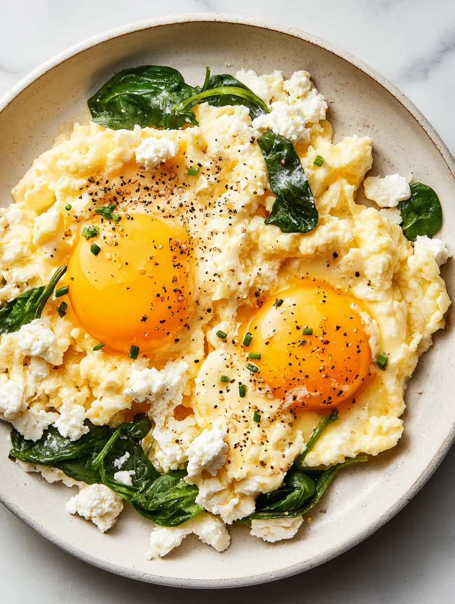 A plate of scrambled eggs with cheese and spinach.