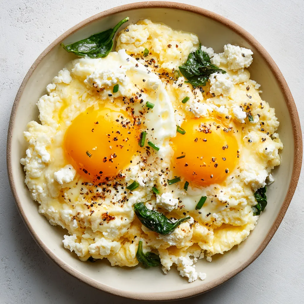 A bowl of scrambled eggs with cheese.