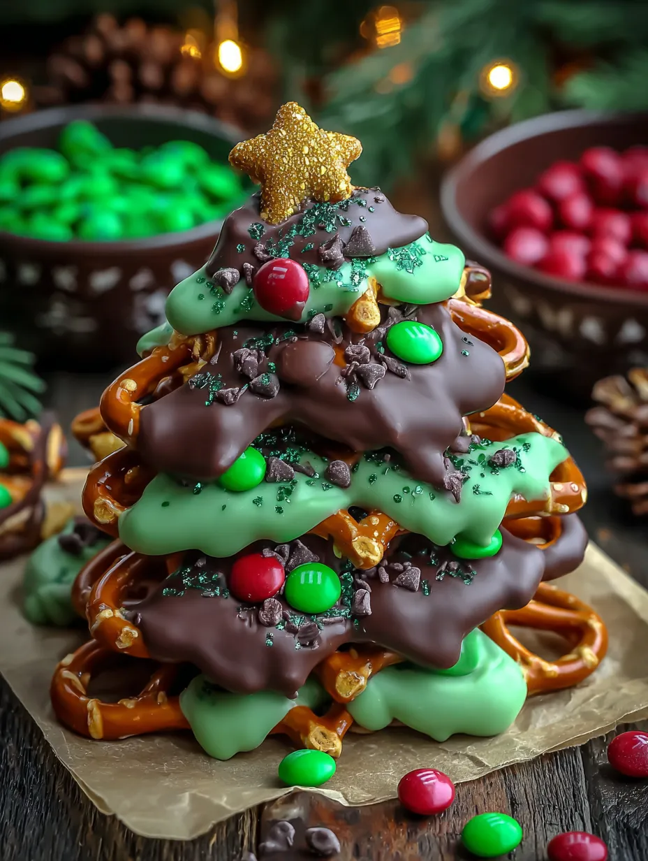 Chocolate pretzel christmas trees.