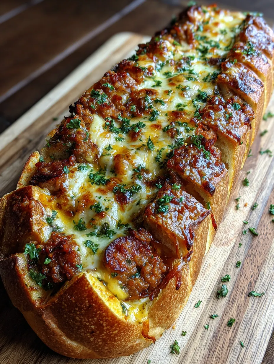 A sausage and cheese stuffed bread on a wooden table.