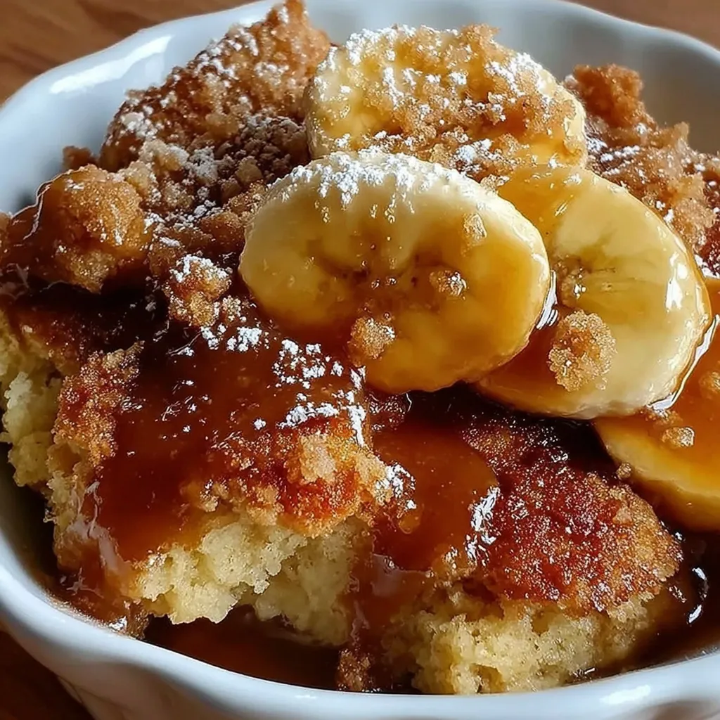 A bowl of Bananas Foster Cobbler.