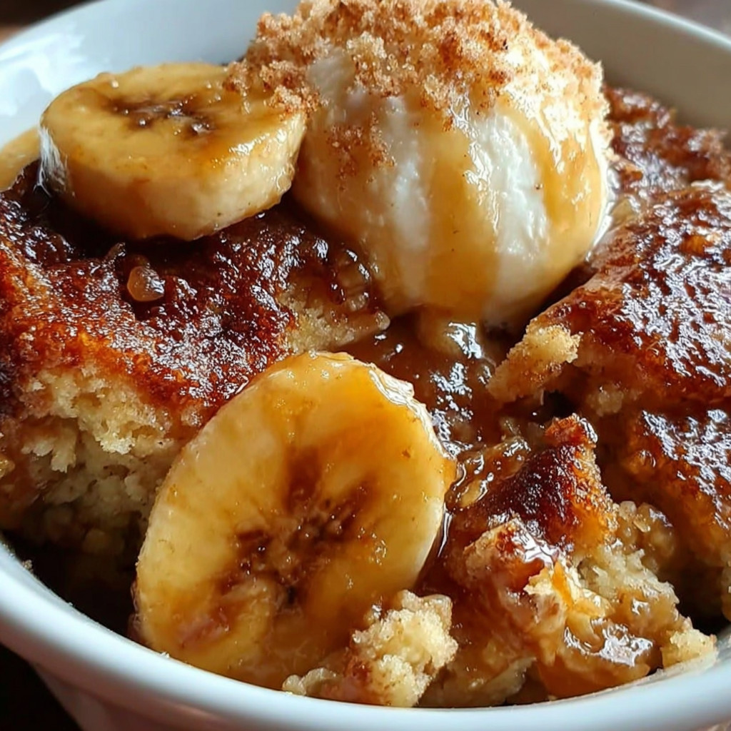 A bowl of bananas foster cobbler.