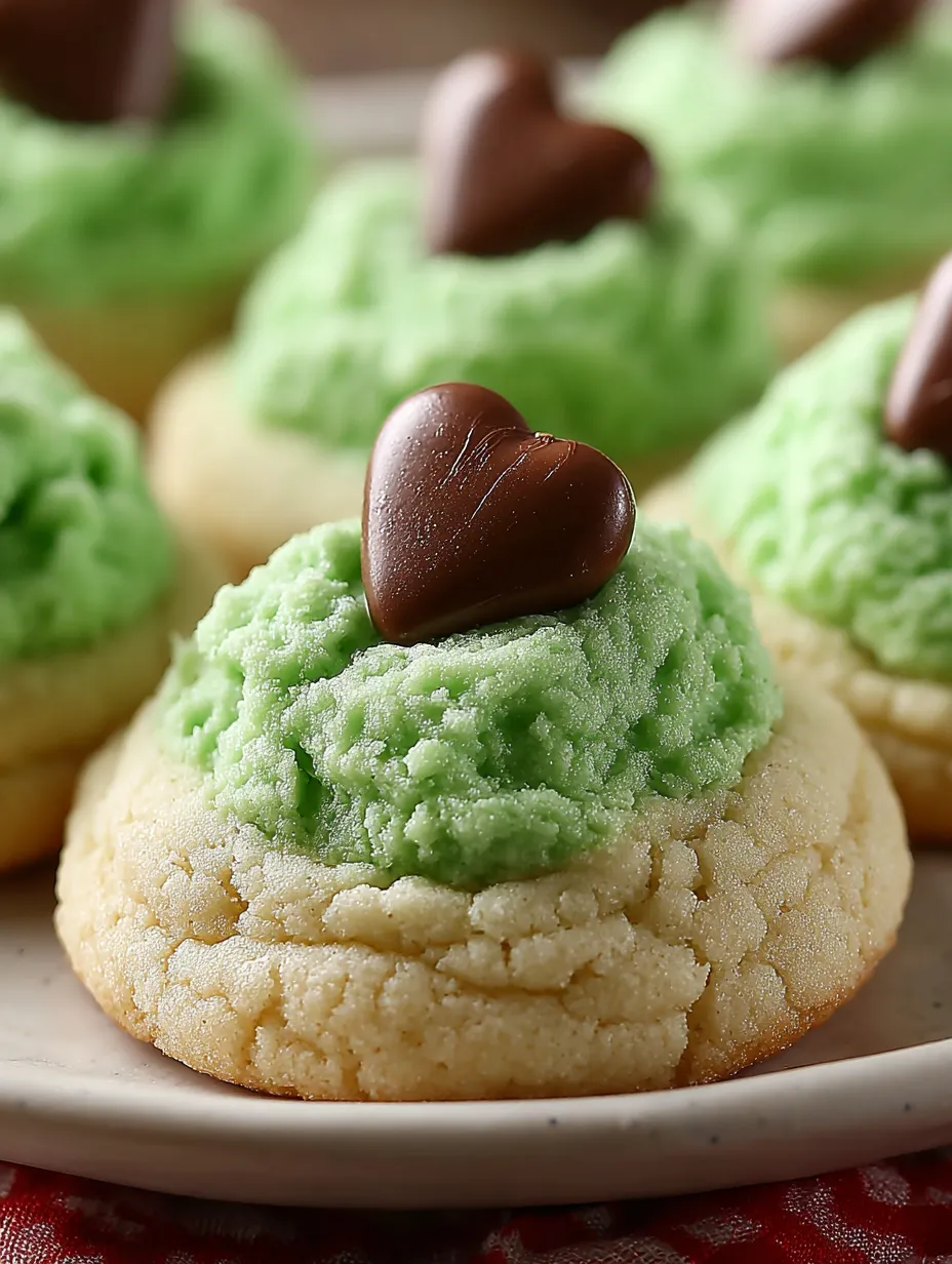 Grinch cookies with chocolate kisses on top.