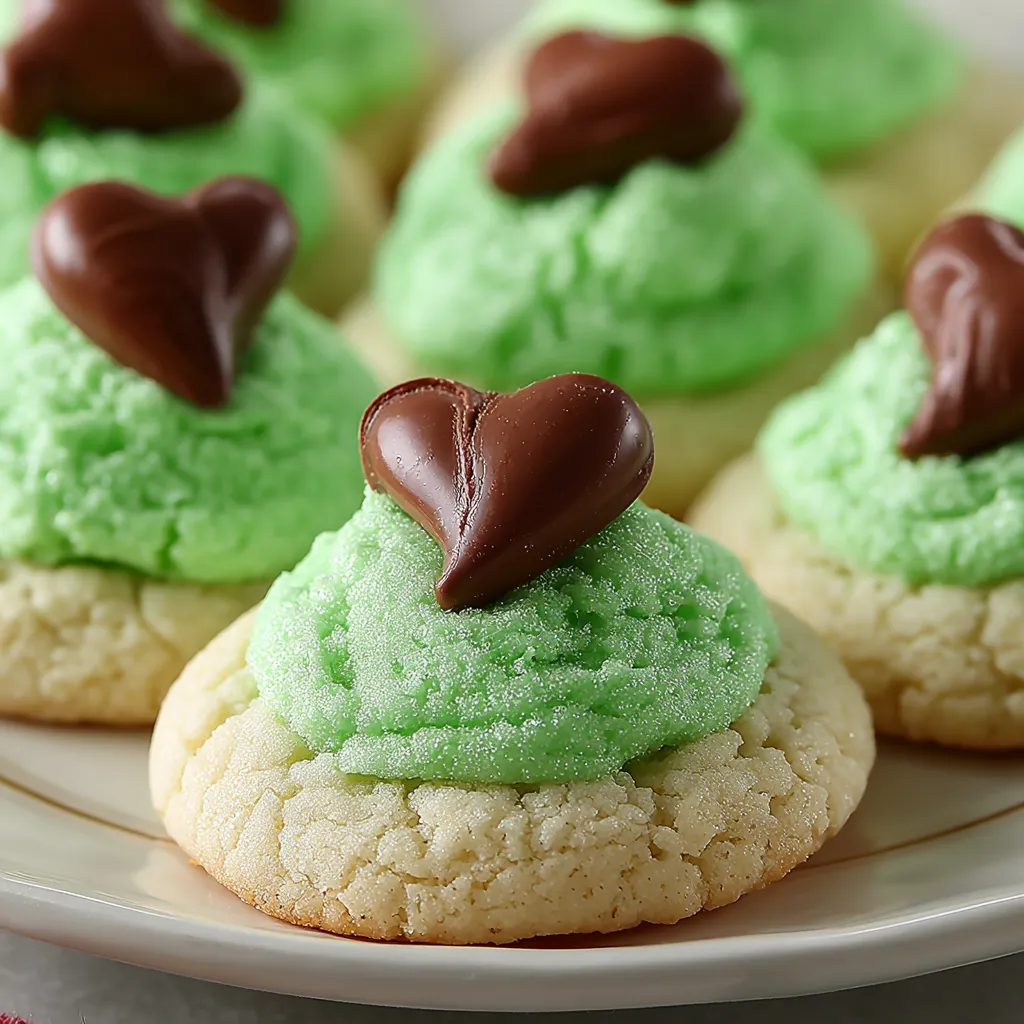 Green and white cookies with chocolate hearts on top.