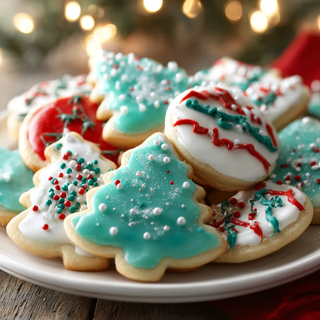A plate of Christmas cookies with white and blue icing.