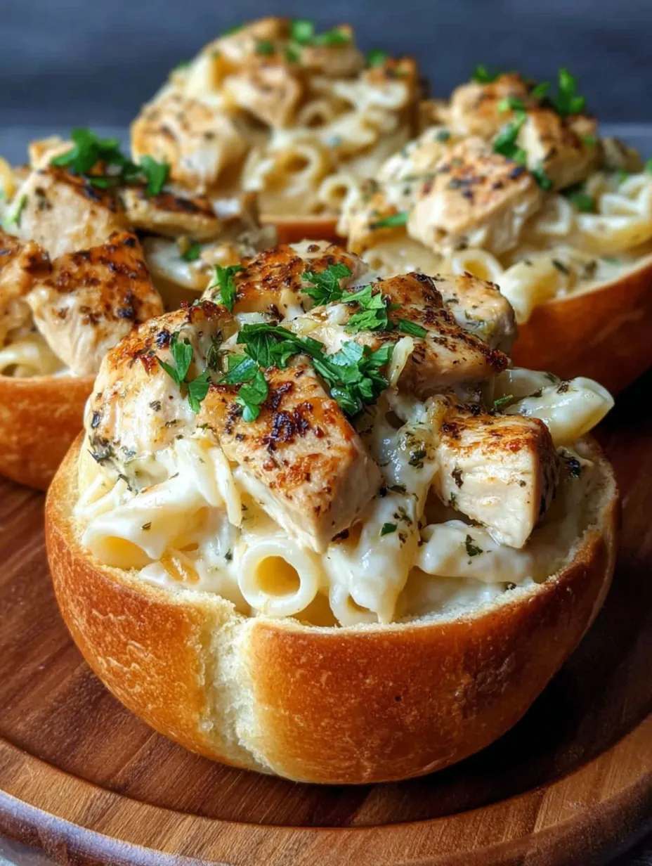 Two bowls of chicken Alfredo garlic bread.