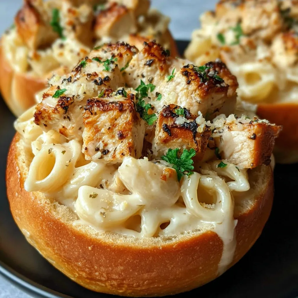 A bowl of chicken alfredo garlic bread.