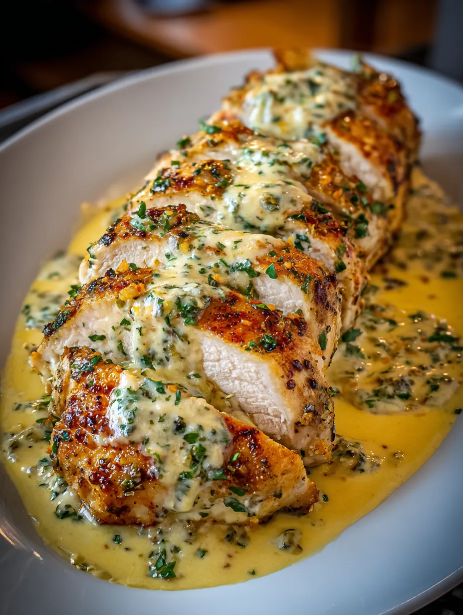 A piece of chicken with a creamy sauce on top.