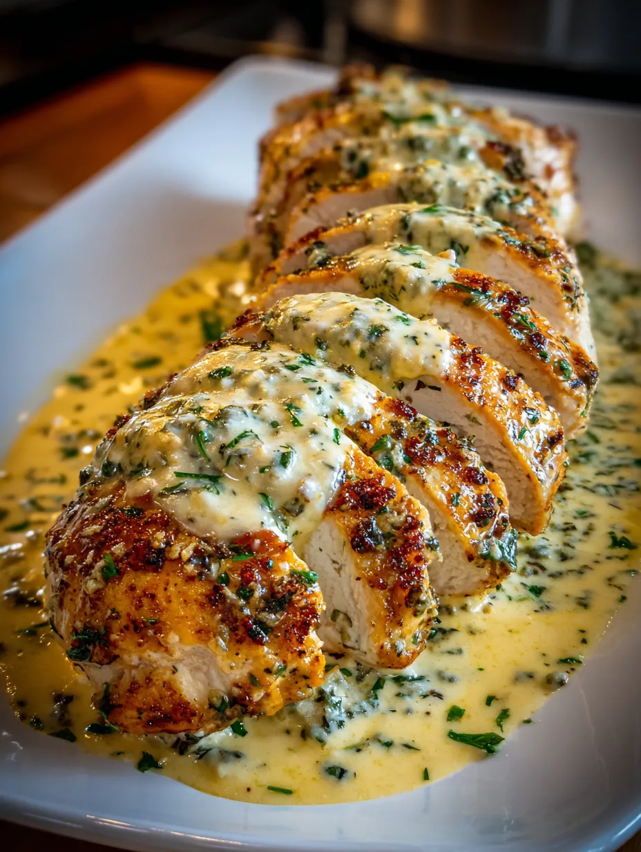 A plate of baked chicken with creamy parmesan sauce.